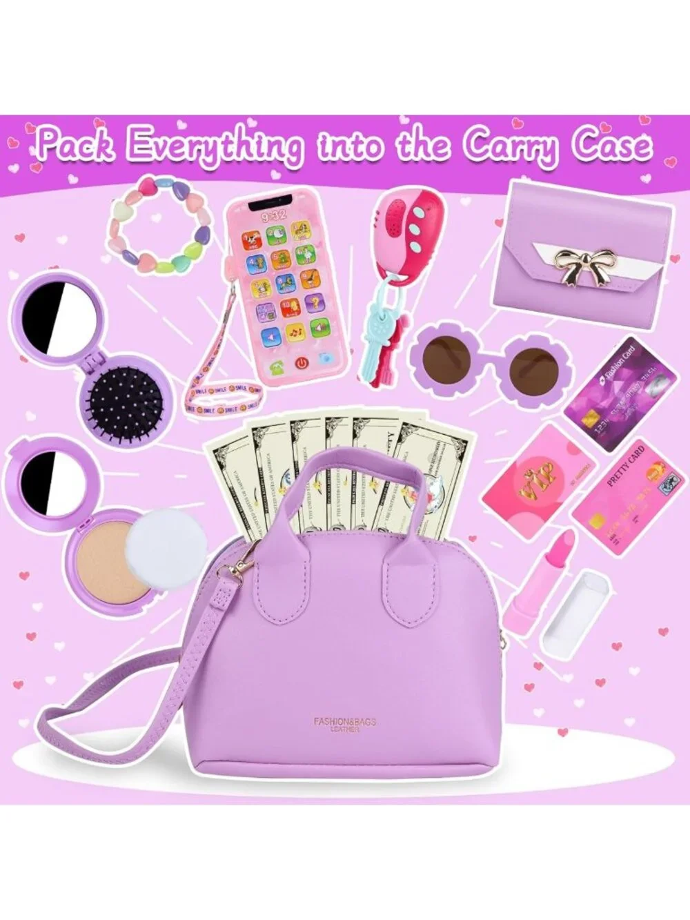 Adorable Purple Play Purse Set for Girls 3-5 | Pretend Handbag with Accessories